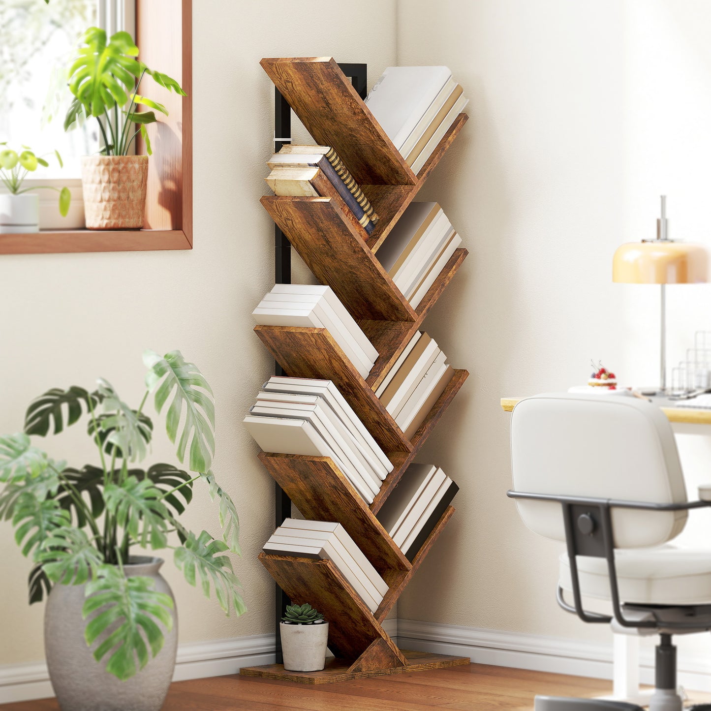 9-Tier Tree Bookshelf with Steel Frame for Living Room, Rustic Brown