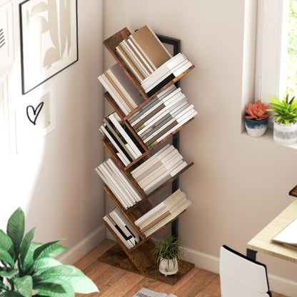 9-Tier Tree Bookshelf with Steel Frame for Living Room, Rustic Brown