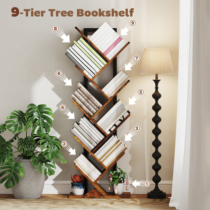 9-Tier Tree Bookshelf with Steel Frame for Living Room, Rustic Brown
