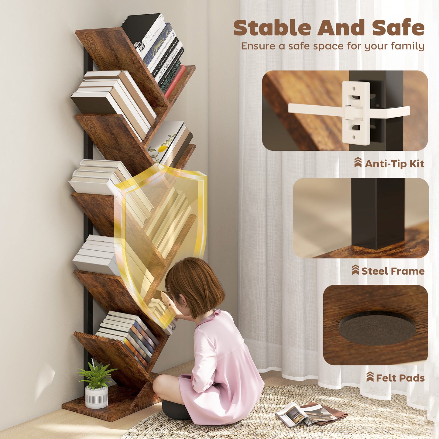 9-Tier Tree Bookshelf with Steel Frame for Living Room, Rustic Brown