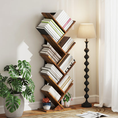 9-Tier Tree Bookshelf with Steel Frame for Living Room, Rustic Brown