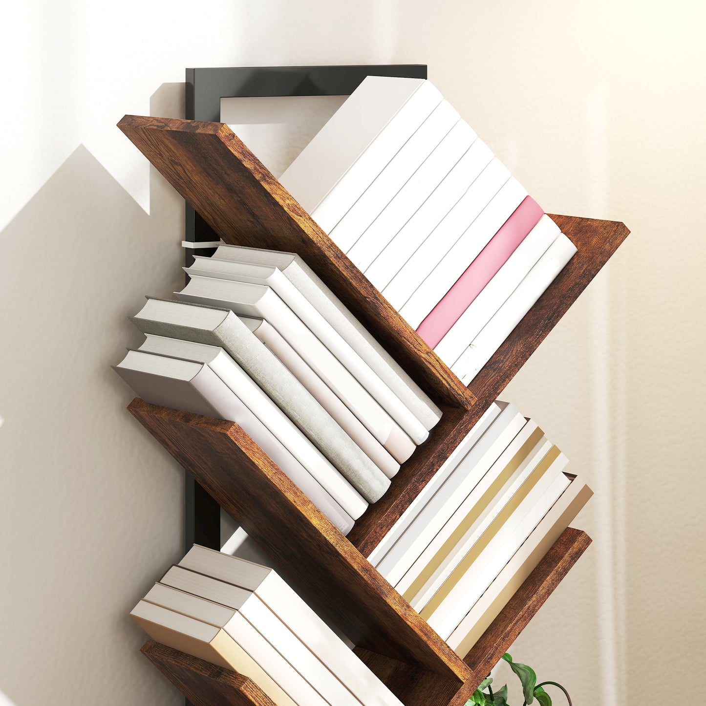 9-Tier Tree Bookshelf with Steel Frame for Living Room, Rustic Brown