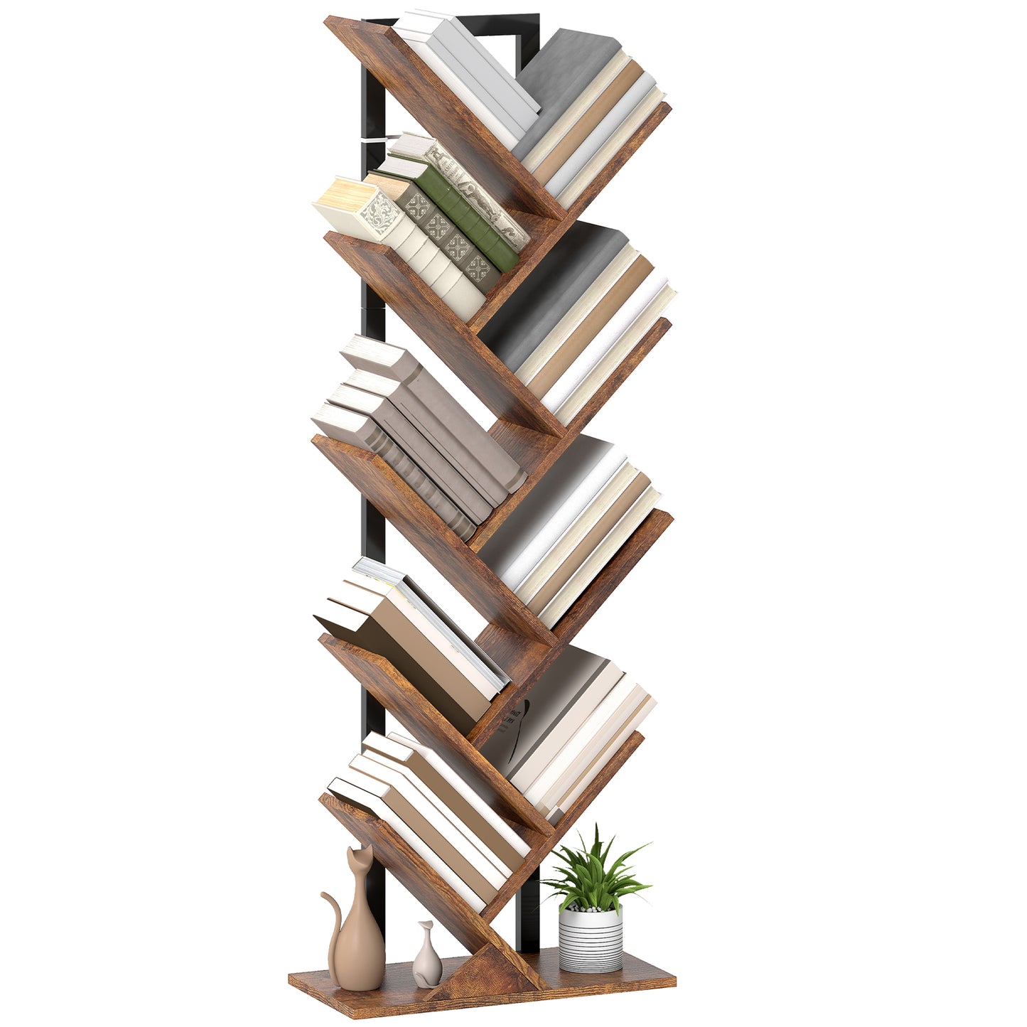 9-Tier Tree Bookshelf with Steel Frame for Living Room, Rustic Brown