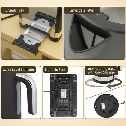 3000W Rapid Boil Kettle and Toaster Set with Otter Thermostat, Black