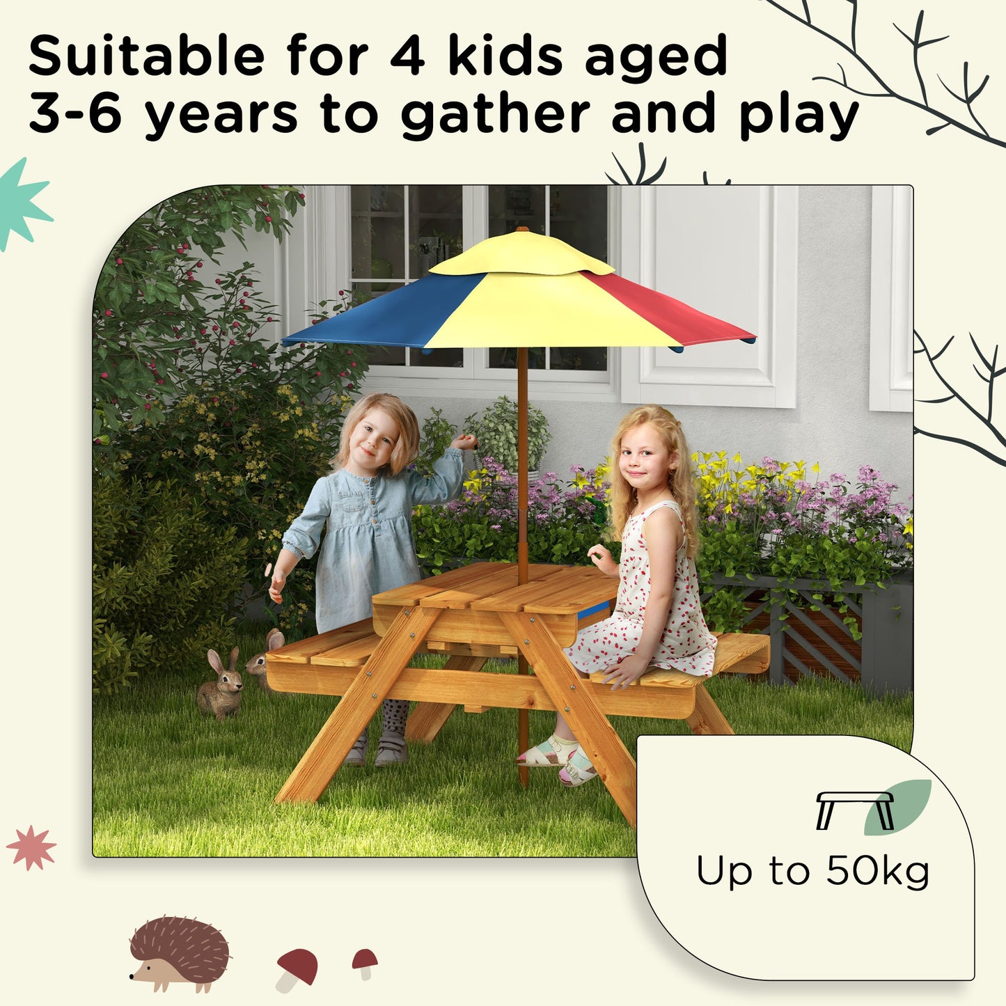 Kids Picnic Table Set, 3 in 1 Sand Pit Activity Table, Kids Garden Furniture w/ Removable Parasol, for 3-6 Years