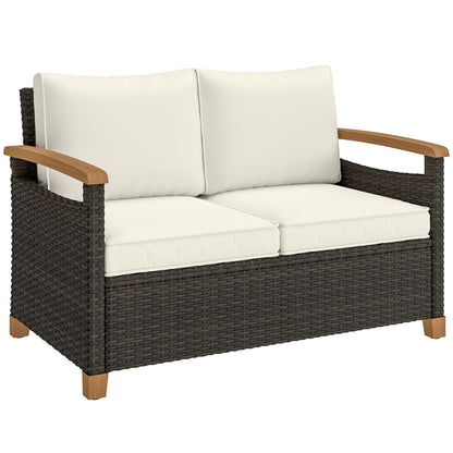 2 Seater Rattan Garden Sofa with Acacia Wood Armrests, Brown