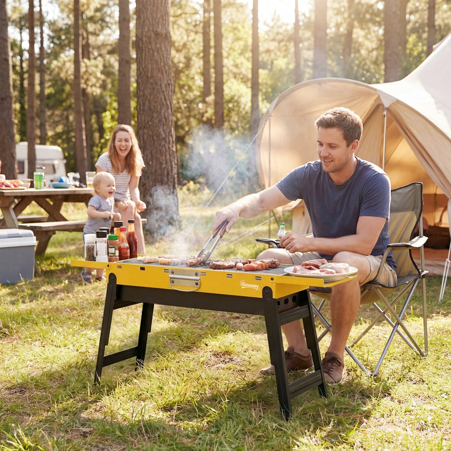 BBQ Grill, Charcoal Barbecue with 2 Side Shelves and Handle, Yellow