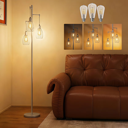 Industrial 3-Light Floor Lamp Dimmable LED Standing Lamp, Silver Tone