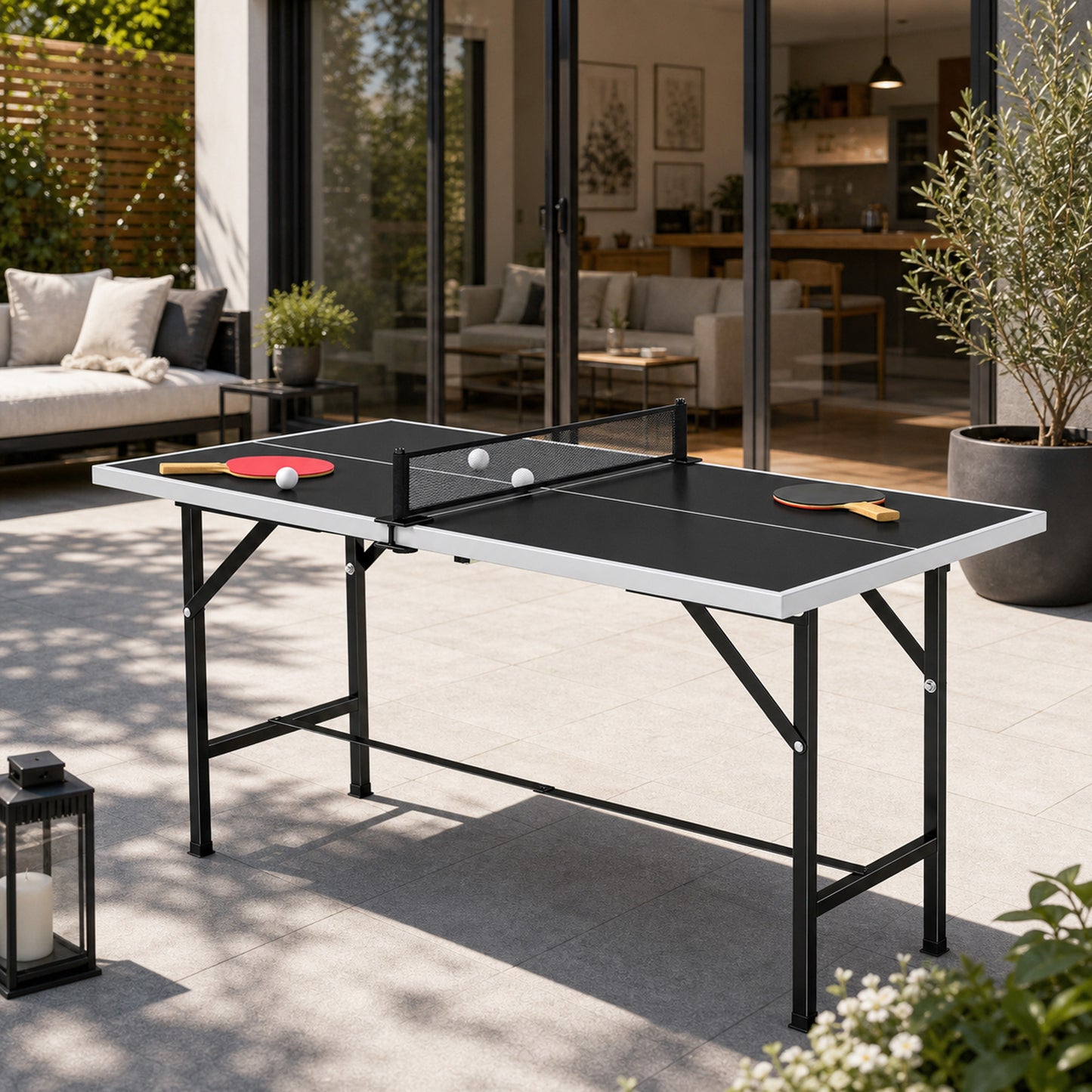 5ft Mid-Size Table Tennis Table, Ping Pong Table with Net, 2 Table Tennis Paddles and 3 Balls, Multi-Use for Indoor Game, Black