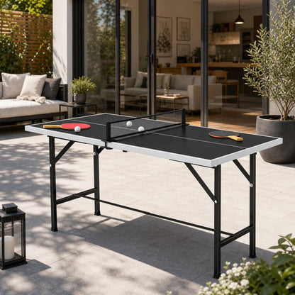 5ft Mid-Size Table Tennis Table, Ping Pong Table with Net, 2 Table Tennis Paddles and 3 Balls, Multi-Use for Indoor Game, Black