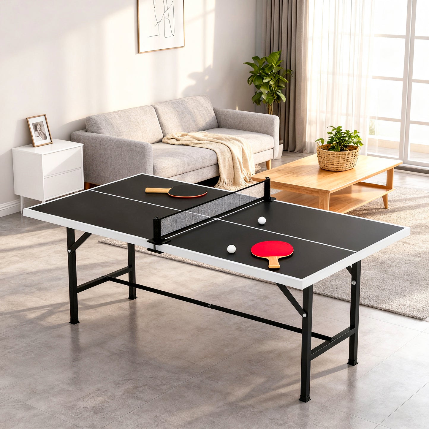 5ft Mid-Size Table Tennis Table, Ping Pong Table with Net, 2 Table Tennis Paddles and 3 Balls, Multi-Use for Indoor Game, Black