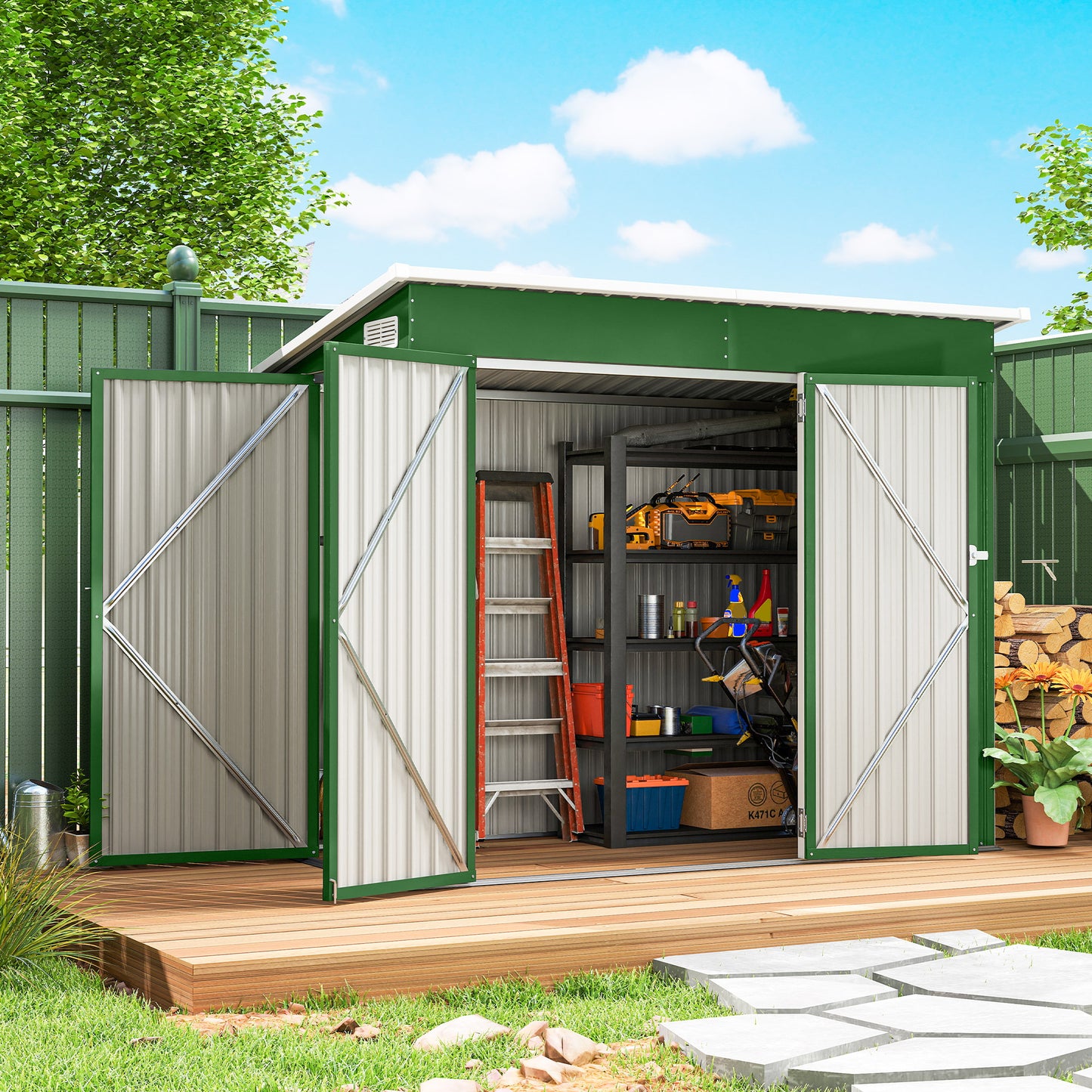 Outdoor Storage Shed, 7.5 x 4.3ft Metal Garden Shed, Green