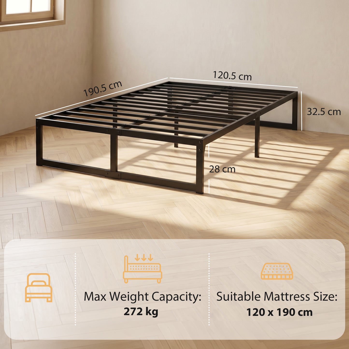 4ft Small Bed Frame with Underbed Storage, Noise-Free, Black
