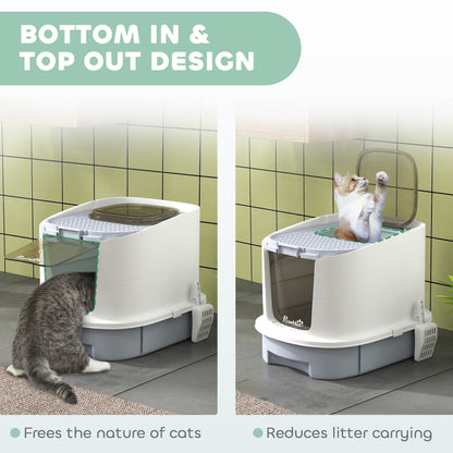 Cat Litter Box, Hooded Cat Litter Tray with Lid, Scoop, Grey