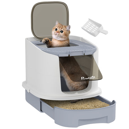 Cat Litter Box, Hooded Cat Litter Tray with Lid, Scoop, Grey