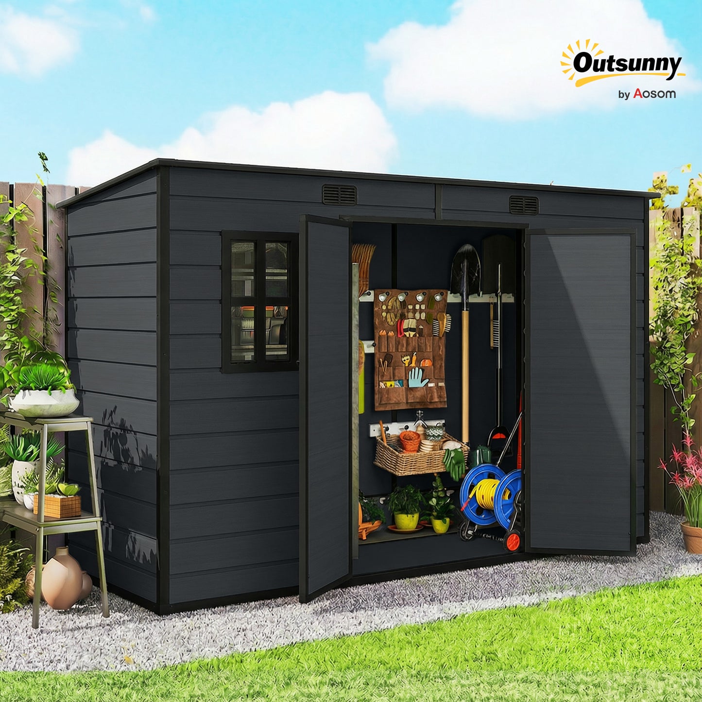 10 x 4 ft Plastic Garden Shed, Outdoor Storage Resin Shed with Floor, Double Windows, Lockable Doors and Vents, for Tools, Bike, Generator, Dark Grey