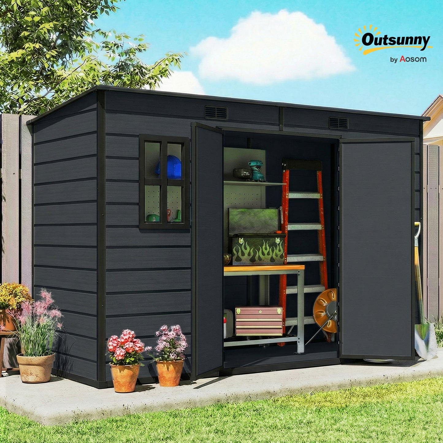 10 x 4 ft Plastic Garden Shed, Outdoor Storage Resin Shed with Floor, Double Windows, Lockable Doors and Vents, for Tools, Bike, Generator, Dark Grey