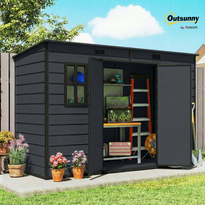 10 x 4 ft Plastic Garden Shed, Outdoor Storage Resin Shed with Floor, Double Windows, Lockable Doors and Vents, for Tools, Bike, Generator, Dark Grey