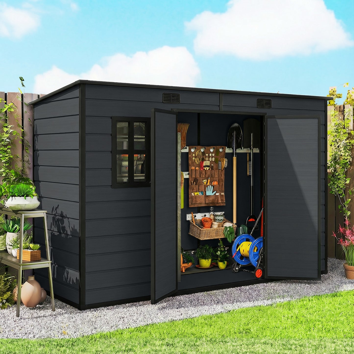 10 x 4 ft Plastic Garden Shed with Floor, Lockable Doors Dark Grey