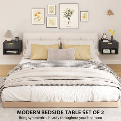 Floating Nightstands Set of 2, Modern Wall Mounted Bedside Tables with Fluted Drawer and Open Shelf for Bedroom, Black
