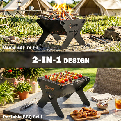 2-In-1 Portable BBQ Grill and Camping Fire Pit with Gloves