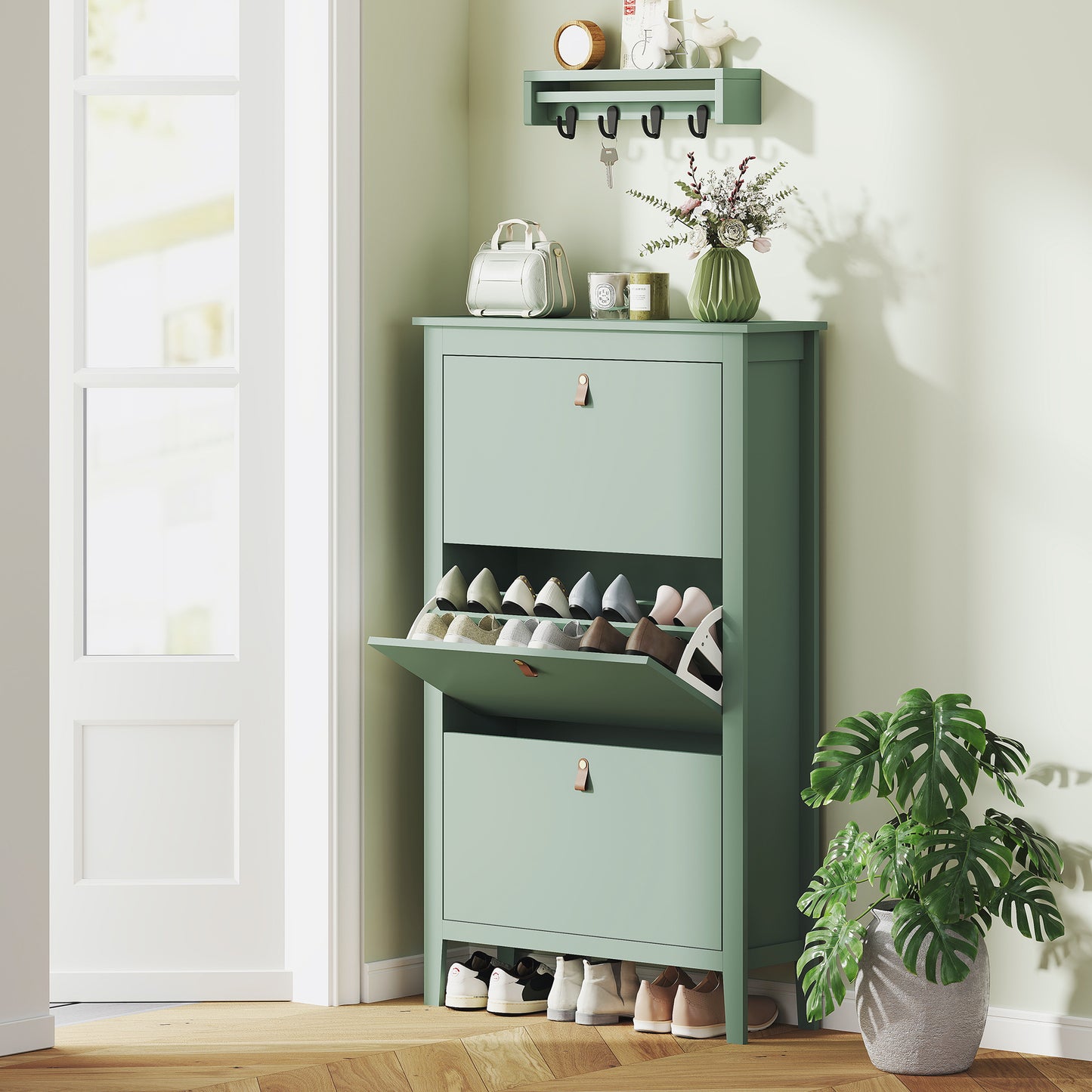 3 Drawer Shoe Cabinet with Flip Doors for Hallway, Entryway, Green