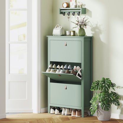 3 Drawer Shoe Cabinet with Flip Doors for Hallway, Entryway, Green