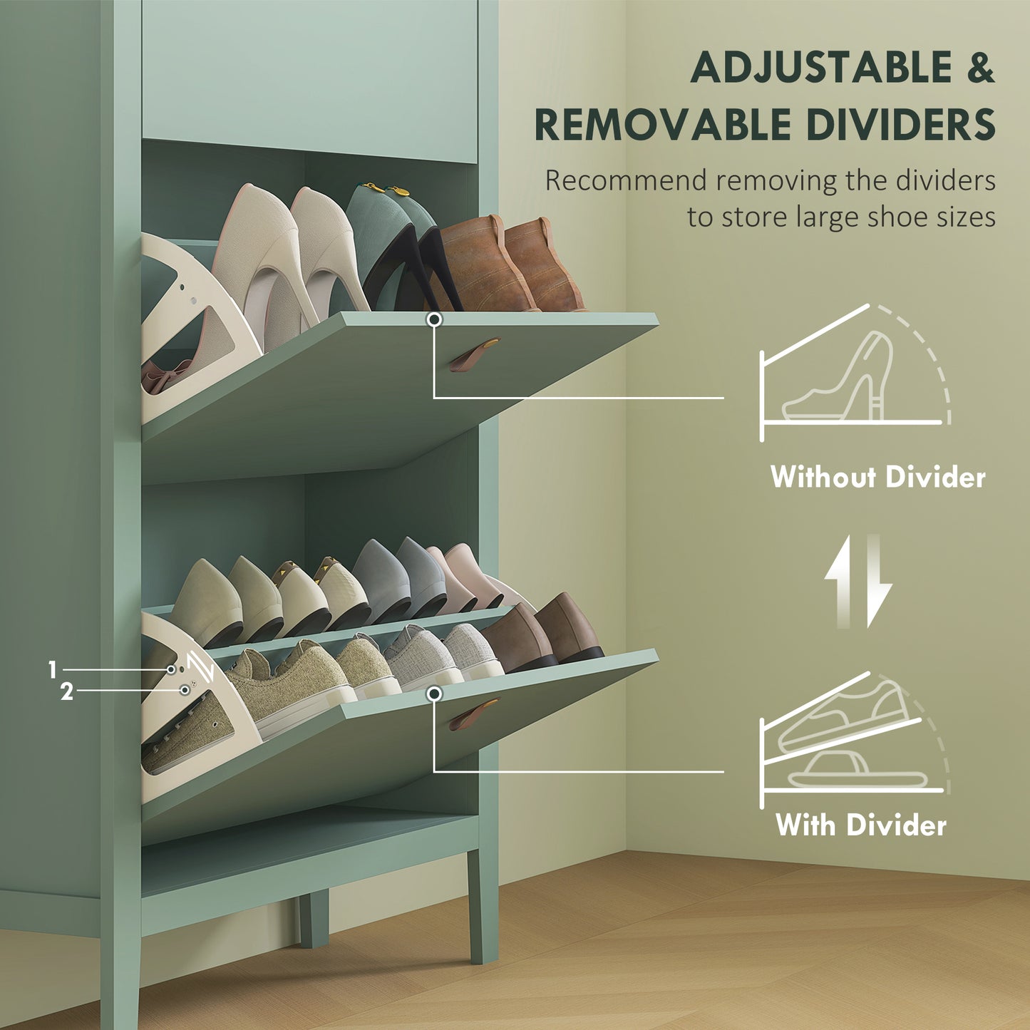 3 Drawer Shoe Cabinet with Flip Doors for Hallway, Entryway, Green