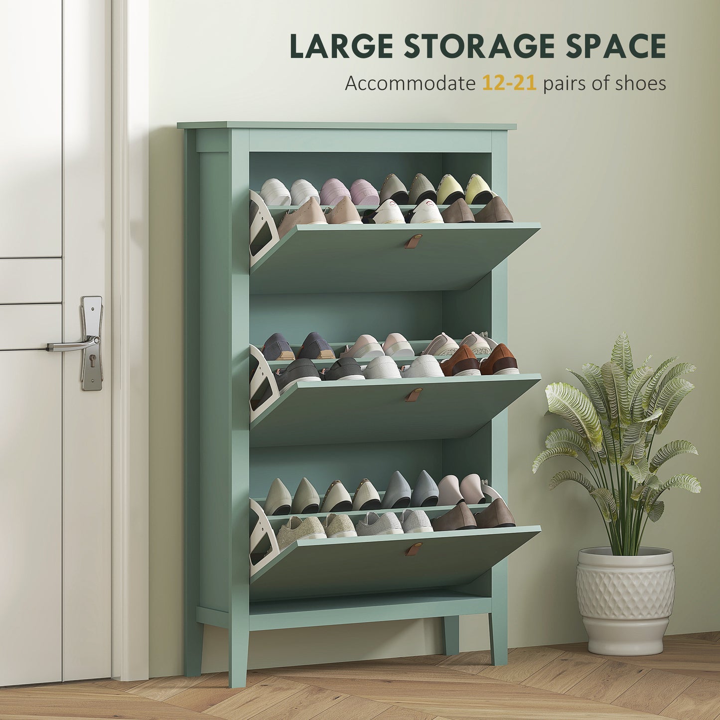 3 Drawer Shoe Cabinet with Flip Doors for Hallway, Entryway, Green