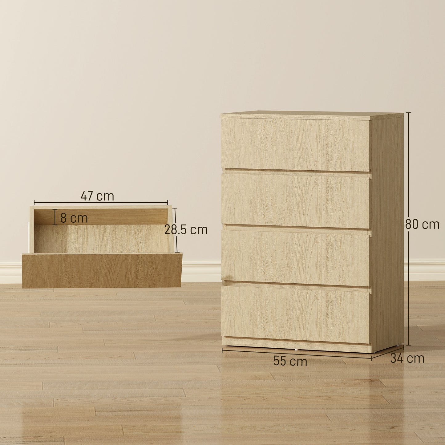 Bedroom Chest of Drawers, 4 Drawers Dresser, Drawer Unit, Natural