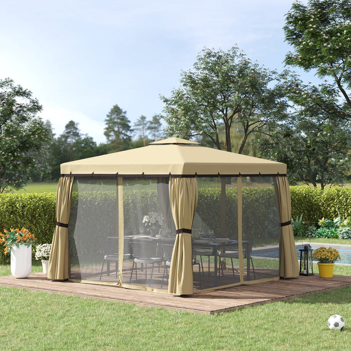 3 x 3(m) Garden Gazebo Pavilion Tent Shelter with 2 Tier Water Repellent Roof, Mosquito Netting and Curtains, Aluminium Frame, Beige