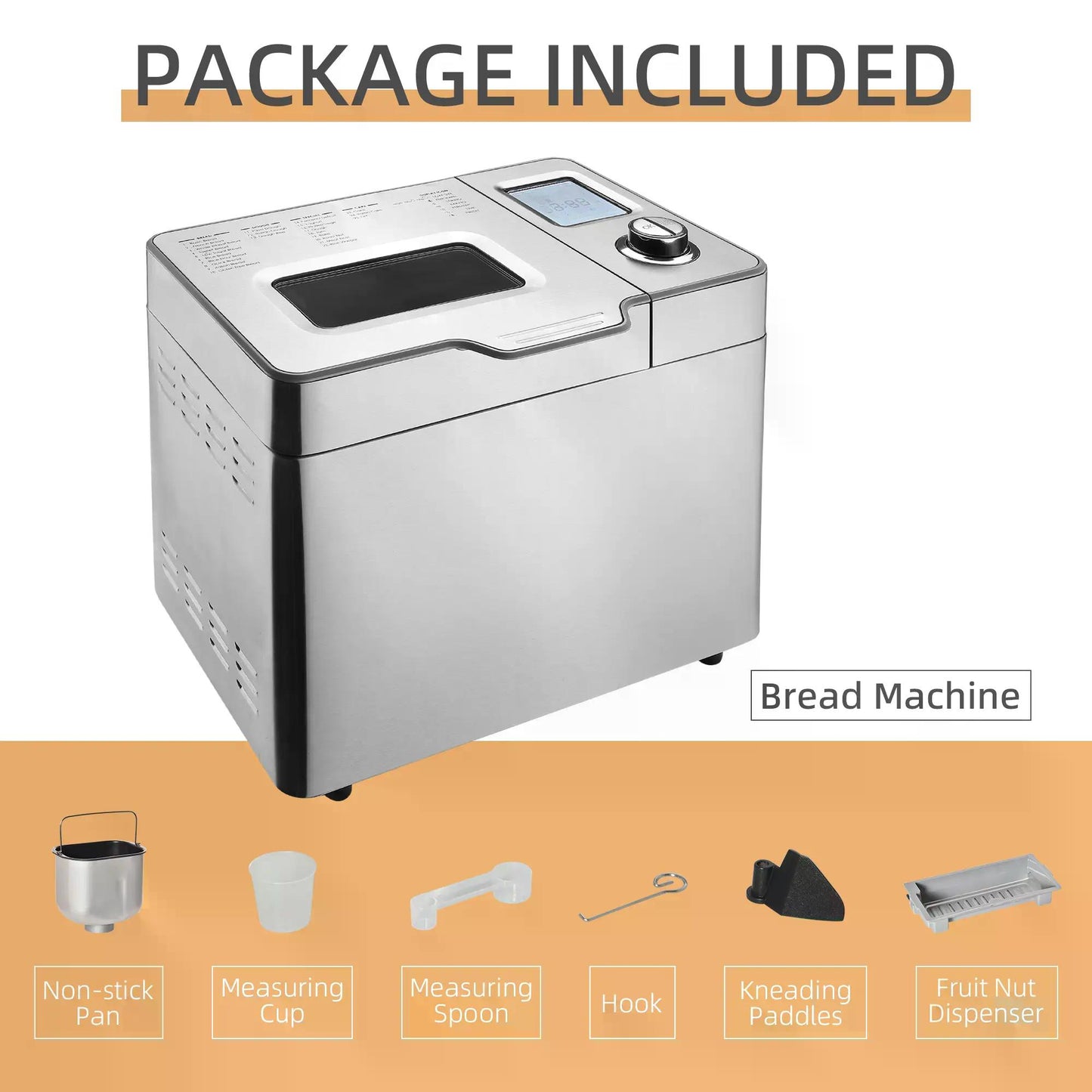 25 in 1 Bread Machine 0.9 KG Capacity Programmable Stainless Steel Dough Maker with Auto Fruit Nut Dispenser Nonstick Pan 3 Loaf Sizes, 550W