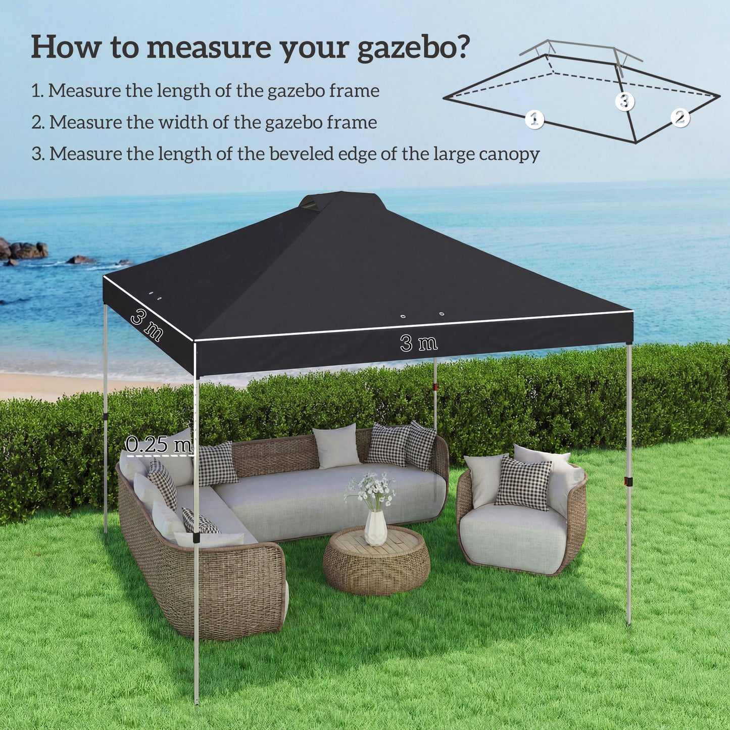 gazebo roof replacement UV50+ Waterproof 3x3(m) Black