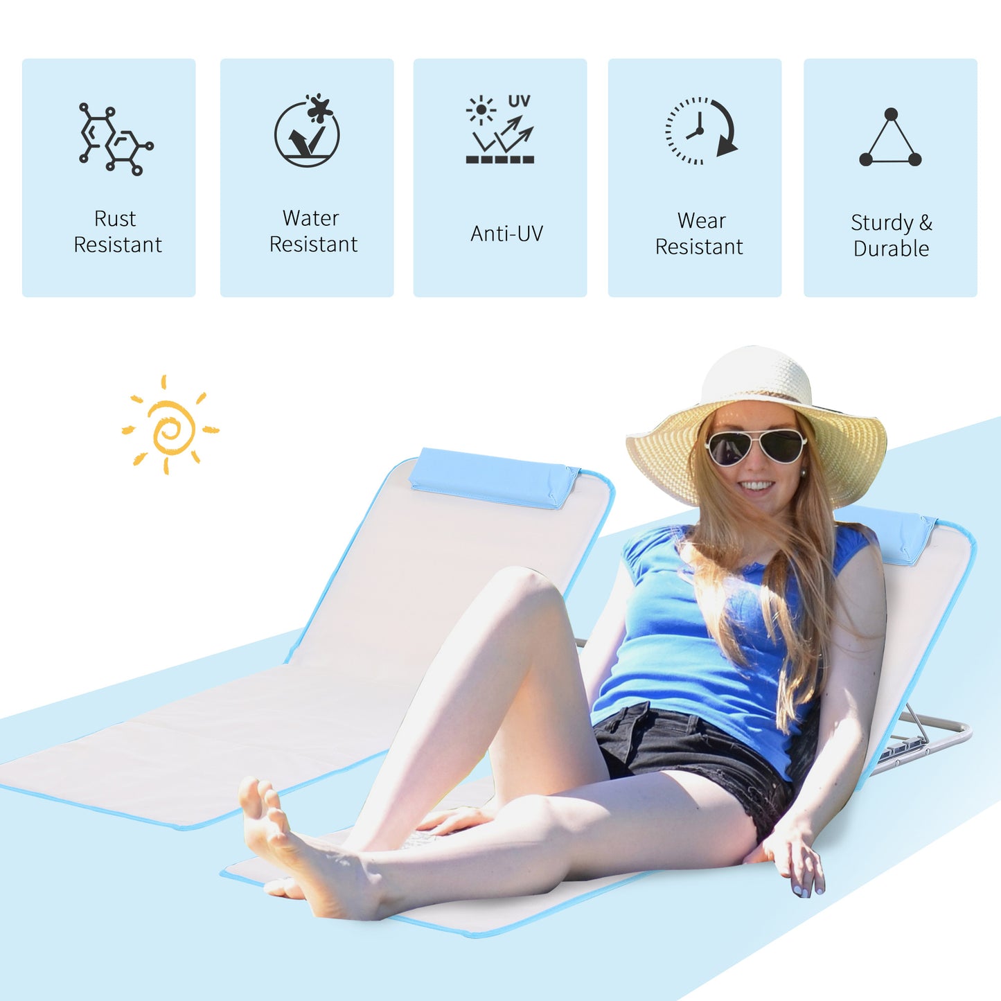 2 Pieces Outdoor Beach Mat, Reclining Chair Set w/ Pillow Cream
