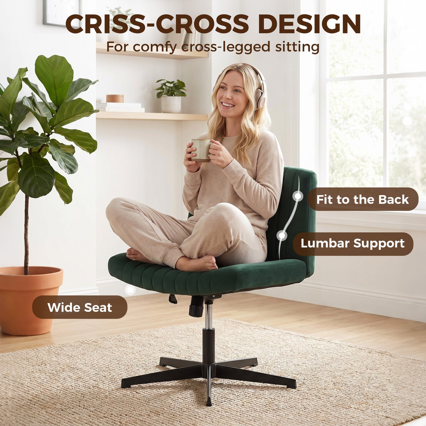 Armless Office Chair No Wheels, Flannel Criss Cross Legged Desk Chair with Wide Seat, Thick Padding, Rock Function, Height Adjustable Swivel Computer Seat for Home, Green