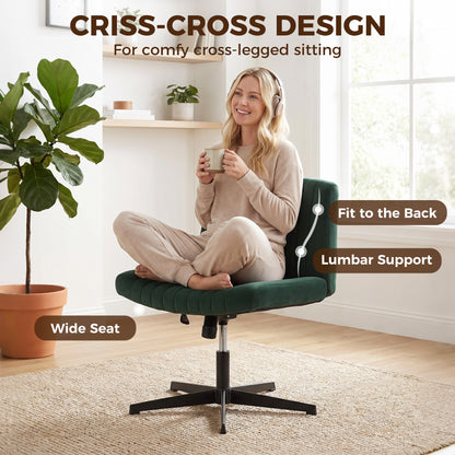 Armless Office Chair No Wheels, Flannel Criss Cross Legged Desk Chair with Wide Seat, Thick Padding, Rock Function, Height Adjustable Swivel Computer Seat for Home, Green