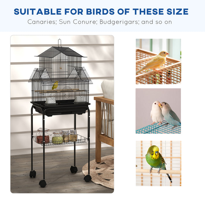 Metal Bird Cage with Plastic Swing Perch Food Container Tray Handle for Finch Canary Budgie 50.5 x 40 x 63cm Black