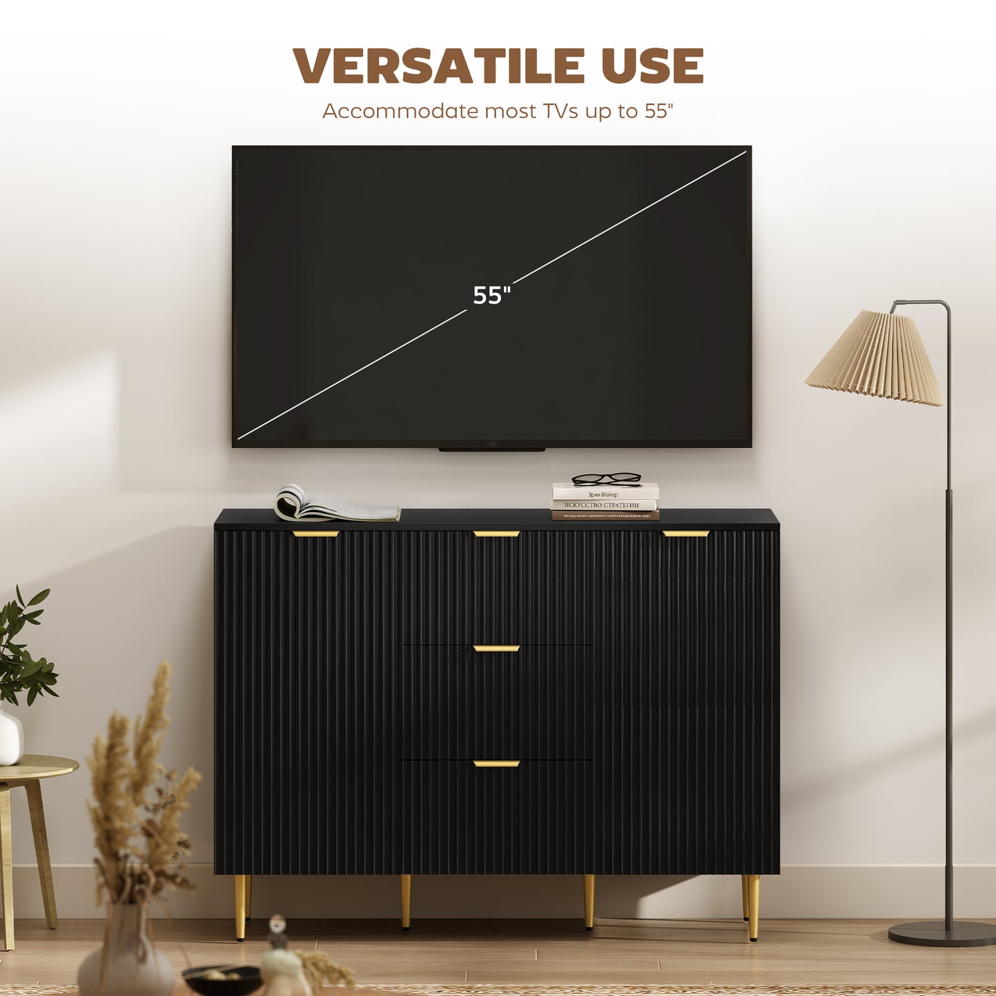 Sideboard Buffet Cabinet w/ 3 Drawers and Adjustable Shelves, Black