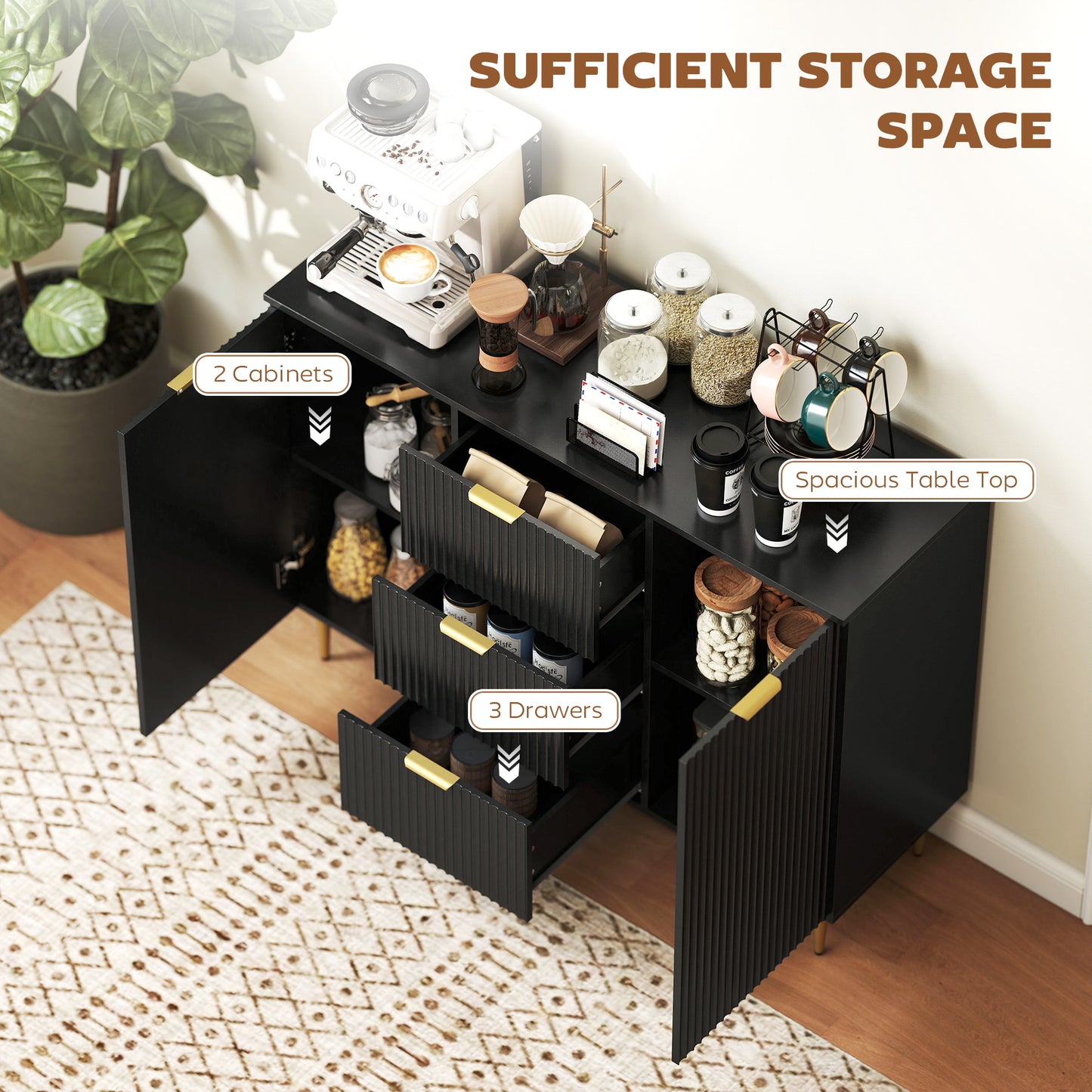 Sideboard Buffet Cabinet w/ 3 Drawers and Adjustable Shelves, Black