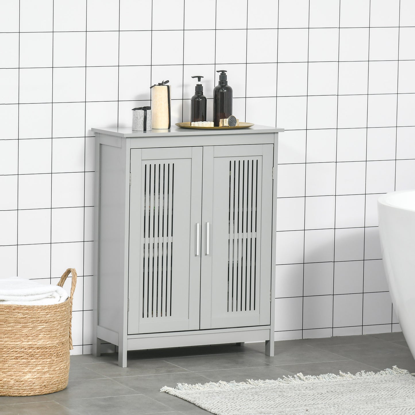 Bathroom Cabinet, Freestanding Floor Cabinet with Storage, Grey
