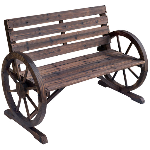 2 Seater Garden Bench with Wooden Cart Wagon Wheel Rustic High Back Brown