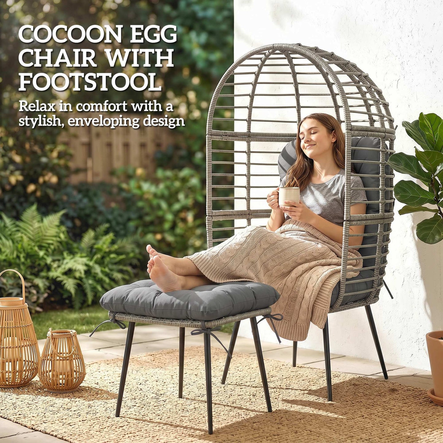 Standing Garden Egg Chair with Footstool, PE Rattan Outdoor Lounge Chair and Ottoman Set with Thick Cushions, Indoor Outdoor Egg Basket Seating for Patio Balcony Porch, Light Grey
