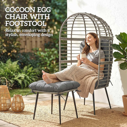 Standing Garden Egg Chair with Footstool, PE Rattan Outdoor Lounge Chair and Ottoman Set with Thick Cushions, Indoor Outdoor Egg Basket Seating for Patio Balcony Porch, Light Grey