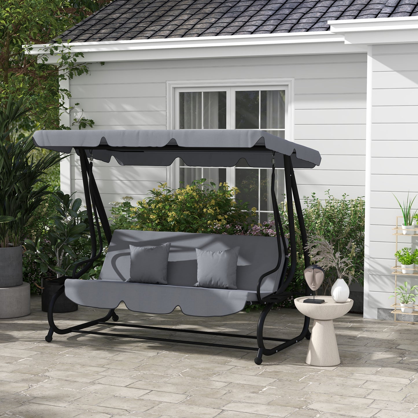2-in-1 Garden Swing Chair for 3 Person w/ Adjustable Canopy Grey