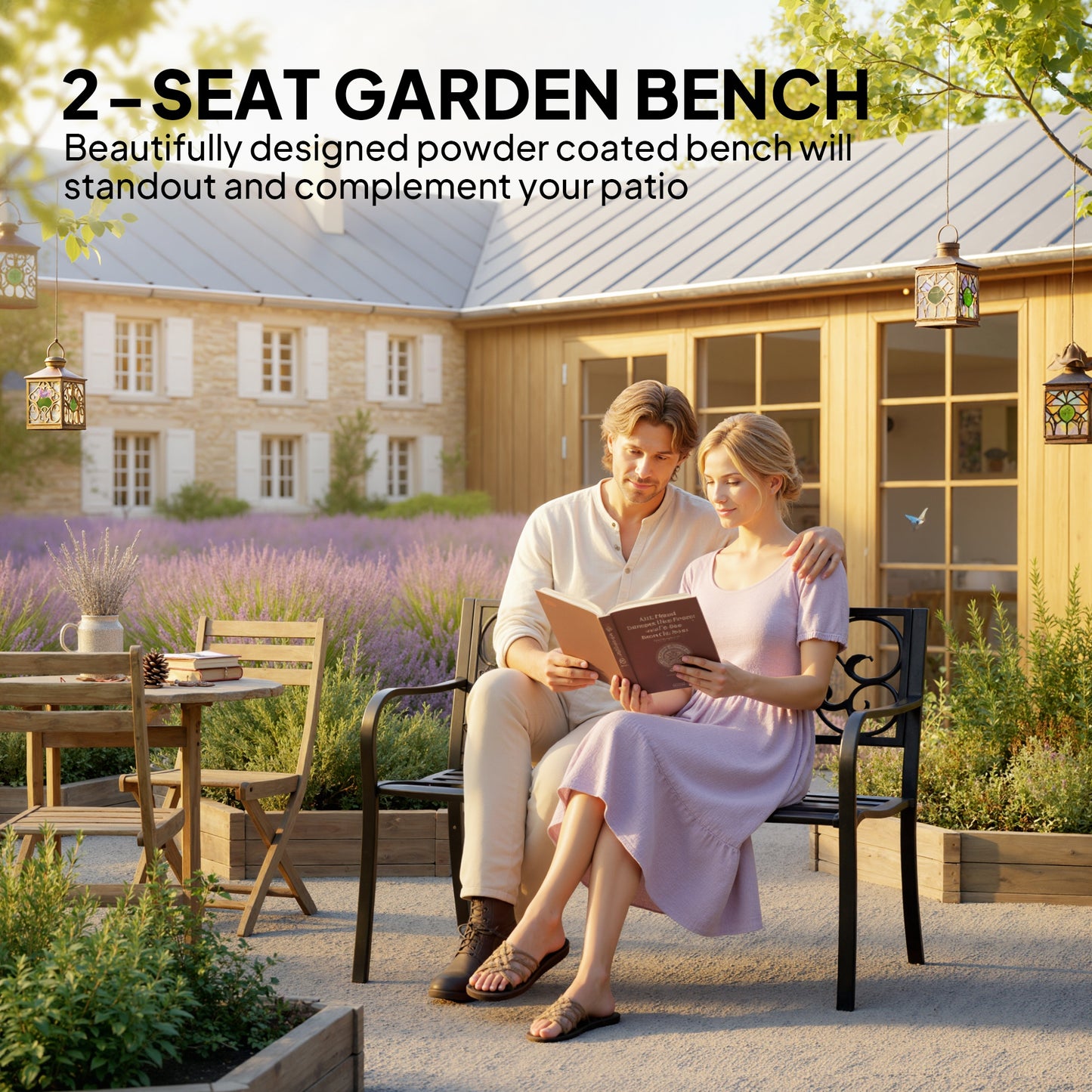 Metal Garden Bench, Outdoor Bench with Floral Back, Black