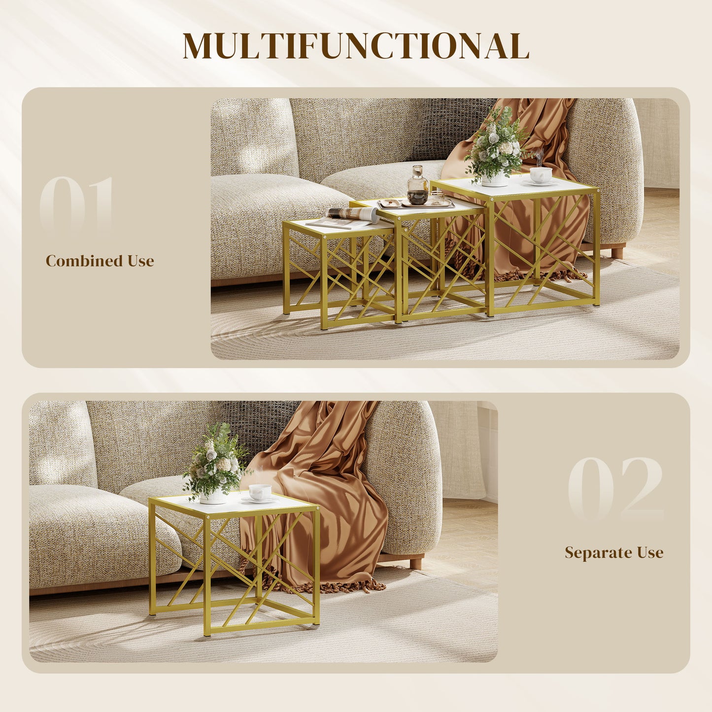 Set of 3 Nesting Coffee Tables Square End Tables w/ Metal Frame White