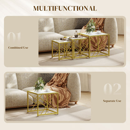 Set of 3 Nesting Coffee Tables Square End Tables w/ Metal Frame White