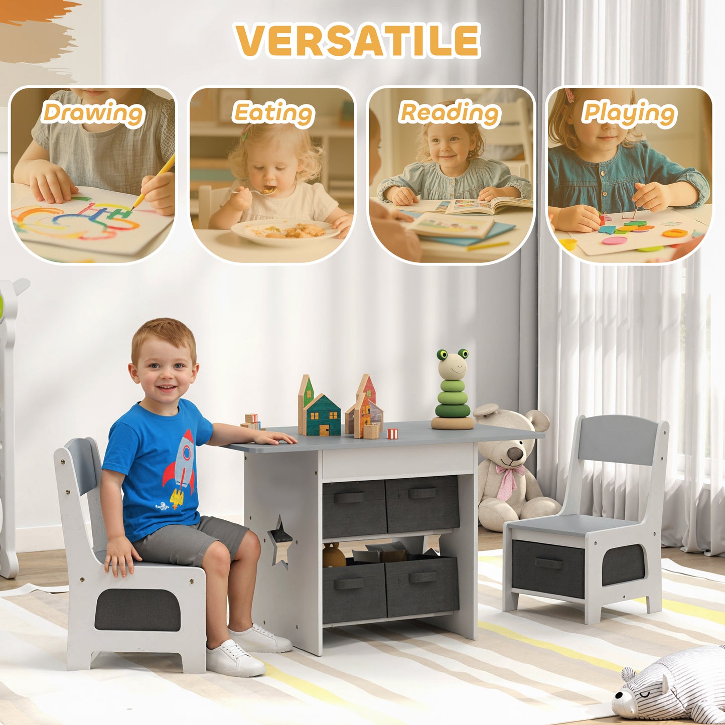 Kids Table and Chair Set with 6 Removable Drawers, Light Grey