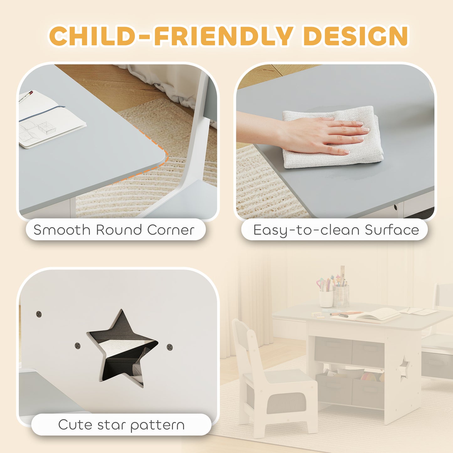 Kids Table and Chair Set with 6 Removable Drawers, Light Grey