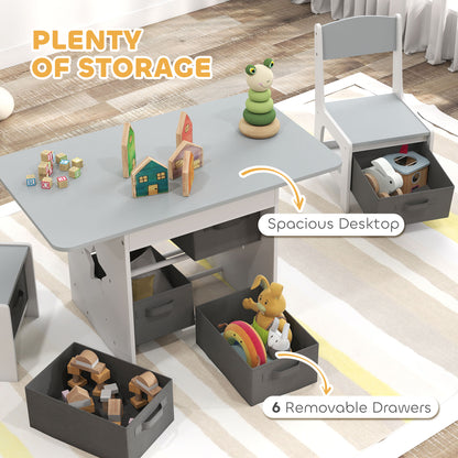 Kids Table and Chair Set with 6 Removable Drawers, Light Grey